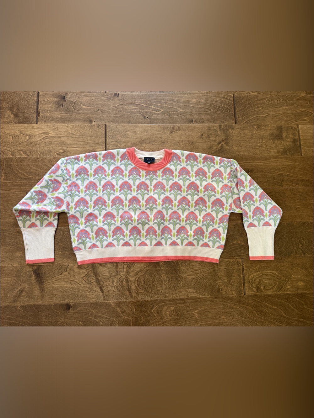 Vici Pink & White Patterned Crewneck Sweater